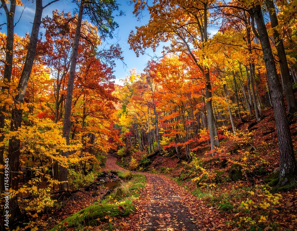 Fototapeta premium Autumnal forest path. Sunlight filters through vibrant fall foliage