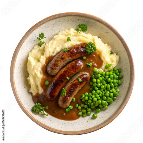 Sausages and mash with peas and gravy isolated on transparent background