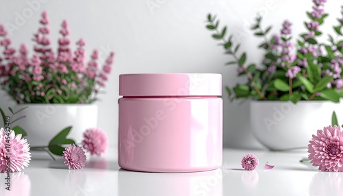 Wallpaper Mural A pink cosmetic jar set amidst blooming pink flowers and greenery Torontodigital.ca