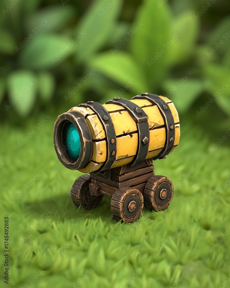Fototapeta premium Whimsical Wooden Cart with Colorful Barrel in Lush Greenery