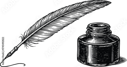 Vintage quill pen and ink bottle hand drawn illustration, antique writing tool engraving sketch, retro calligraphy art vector design