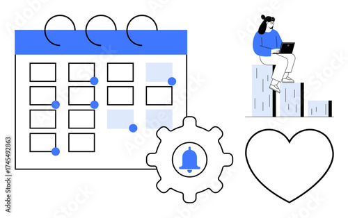 Calendar with blue highlights, notification gear, heart icon, and woman on chart bars with laptop. Ideal for time management, scheduling, efficiency, planning, self-improvement organization simple