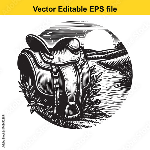 Vector art of western saddle on a grassy bank by a river with hills