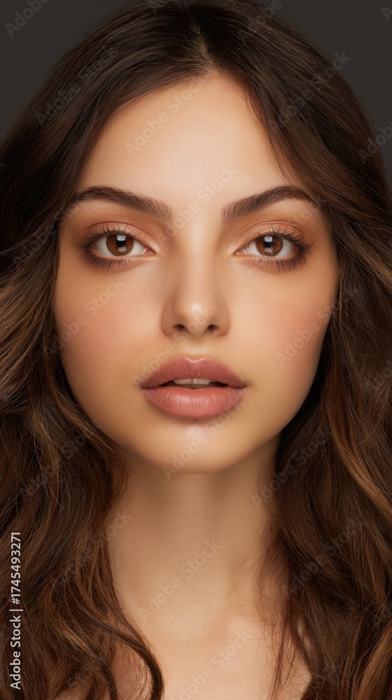 Obraz premium Beautiful model with wavy hair showcasing natural makeup and captivating eyes in a studio setting