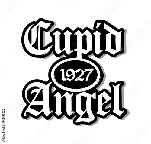 Cupid angel victoria art design. Gothic style lettering. Graphic print white background. For man, woman, young, apparel, hoodie, clothing, t shirt. Vector illustration