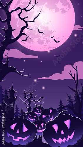 A captivating vertical vector illustration focused on a cluster of large, silhouetted jack-o-lanterns with glowing purple faces in the foreground