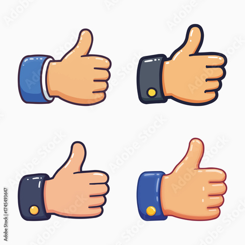 Thumbs Up: A collection of diverse hands displaying the thumbs up gesture, each clad in different clothing styles, emphasizing approval and agreement. 