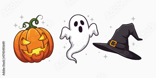 Halloween Trio of Delight: A whimsical trio of Halloween icons, featuring a grinning Jack-o'-lantern, a spectral ghost, and a witch's hat, bring a touch of spooky joy.