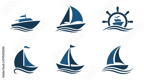 Collection of six distinct nautical boat icons featuring sailboats and a ship with waves