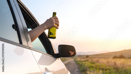 Drinking and driving - Hand holding beer bottle out of car window.