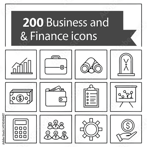 Business and finance icon set vector including money wallet chart calculator briefcase and presentation symbols for corporate design and financial projects