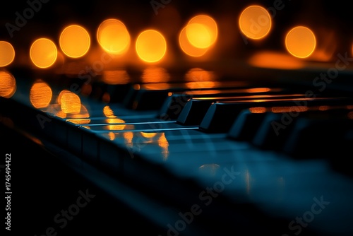 Nighttime piano keys with bokeh lights reflection moody atmospheric artistic high resolution photo