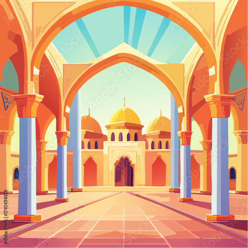 Mosque architecture with arched gateway and courtyard