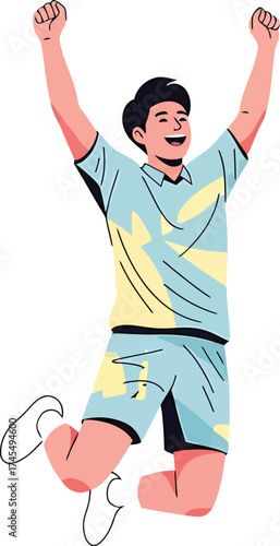 Excited young man celebrating a football victory, jumping with joy and raising arms, vector illustration