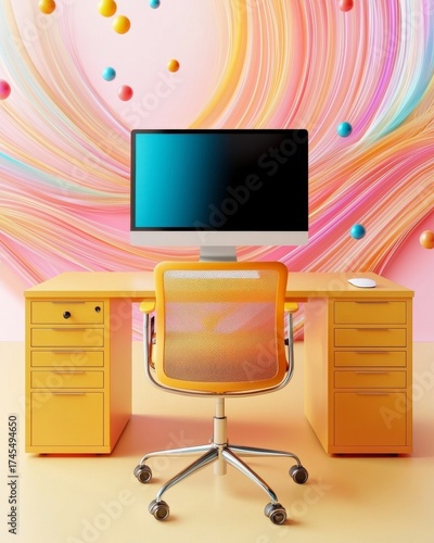 Vibrant Home Office Setup with Orange Desk and Colorful Background