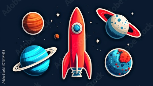 Colorful Cartoon Space Exploration Illustration with Rocket and Planets