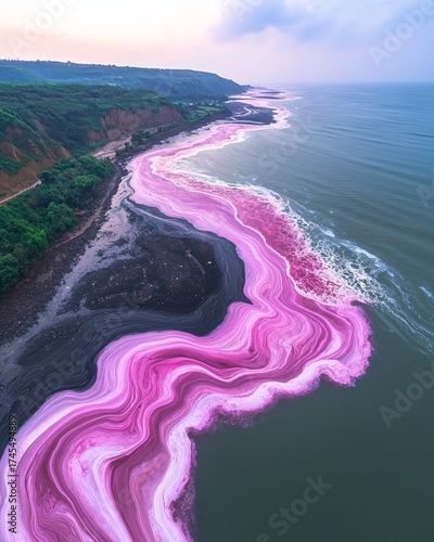 Aerial View of Pink Striped Shoreline and Ocean at Sunset on Scenic Coastline