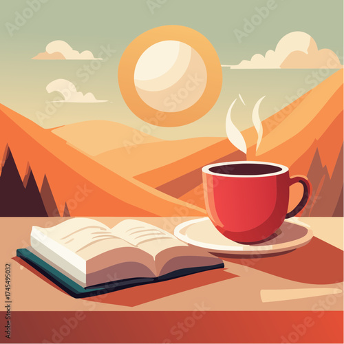 Sunrise landscape with coffee and open book