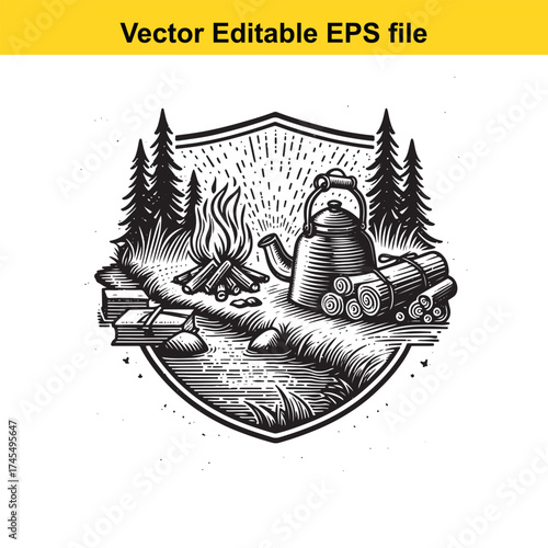 Vector art of camping scene with campfire, kettle, and firewood