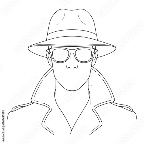 Line art illustration of a mysterious detective wearing a fedora hat and sunglasses
