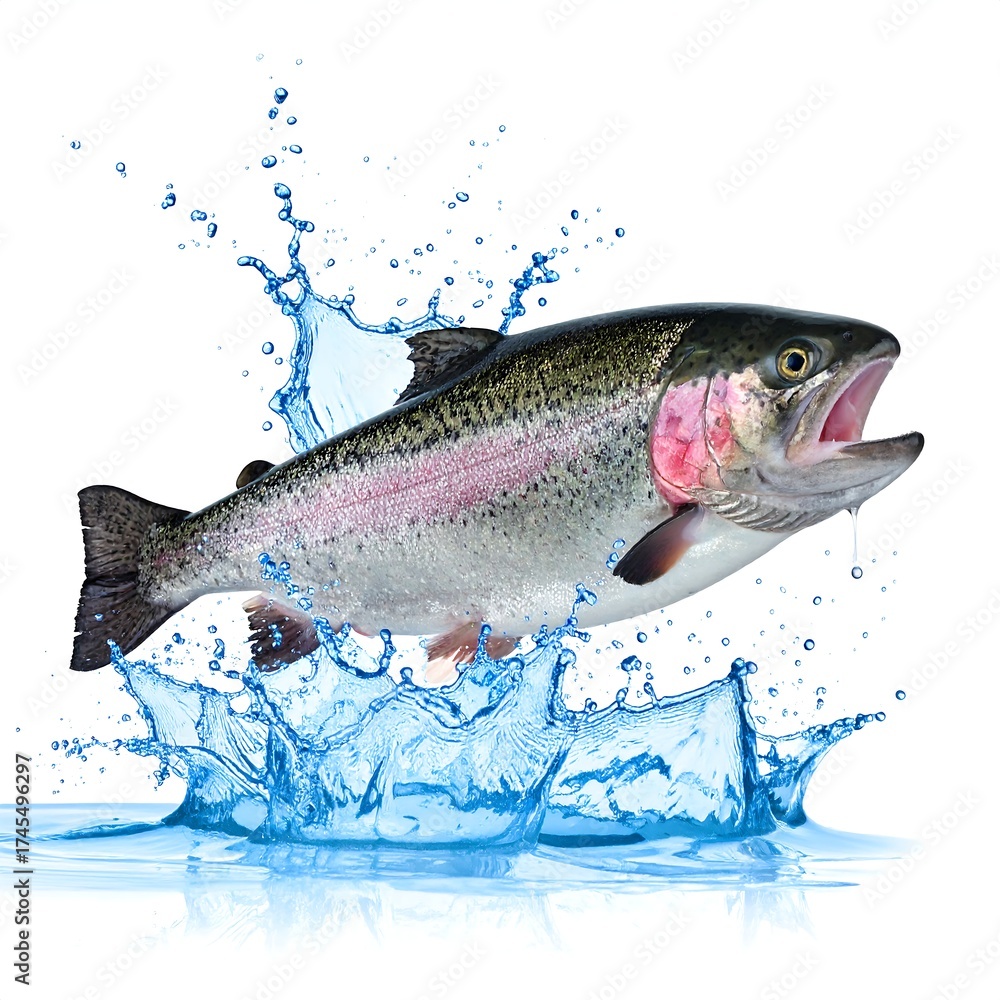 Obraz premium A rainbow trout leaping from water, creating a splash against white