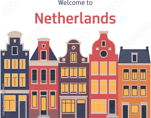 Welcome to Netherlands illustration with colorful Amsterdam canal houses, traditional European architecture cityscape, travel landmark vector design for tourism artwork