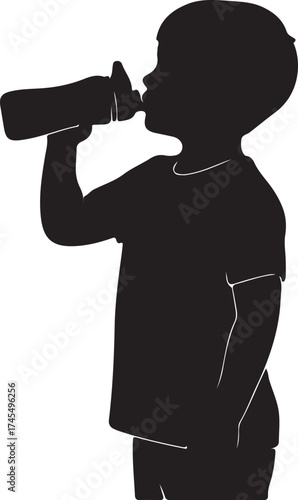 Silhouette of a young boy drinking water from a bottle simple graphic element symbolizing thirst and hydration child care healthy lifestyle
