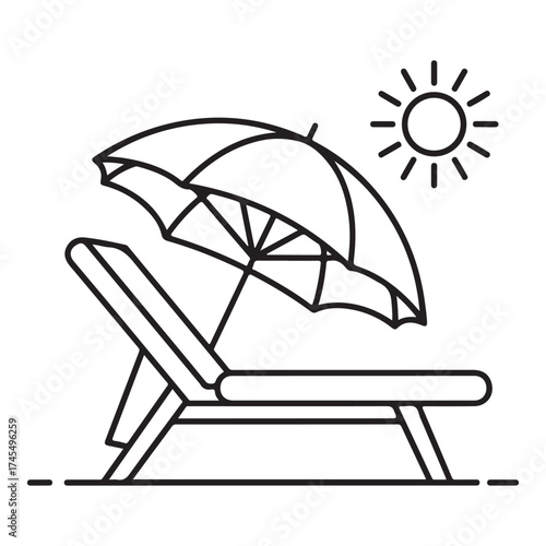 A simple line art illustration of a beach chair and umbrella under the sun