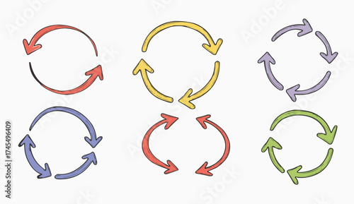 Circular Arrows Representing Rotation and Iteration: A collection of stylized arrows arranged in a circular pattern, each pointing in a clockwise direction, symbolizing rotation, iteration.