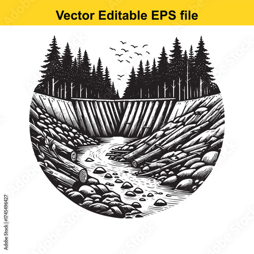 Vector art of black and white illustration of a river flowing through a forest with logs