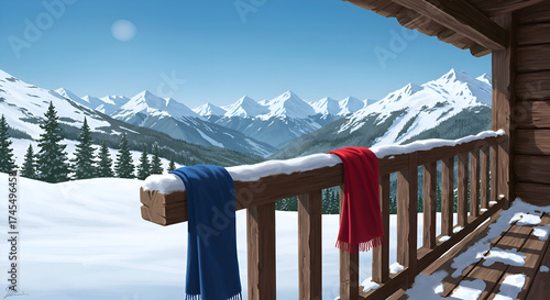Winter mountain chalet balcony view with scarves hanging. Peaceful alpine scenery with snow covered mountain peaks viewed from a wooden balcony.