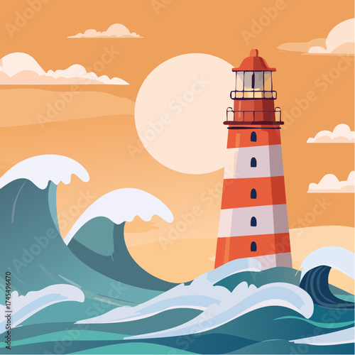 Lighthouse on stormy sea with sunset sky