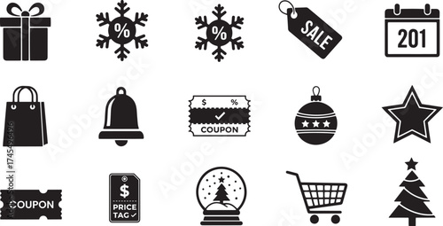 Solid black glyph icon set for Christmas and New Year's sales events, featuring gift boxes, discount snowflakes, coupons, shopping bags, snow globes, and a festive calendar date.