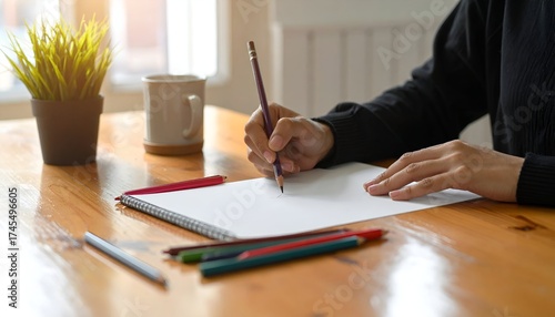 Person drawing on paper with colored pencils on wooden table.