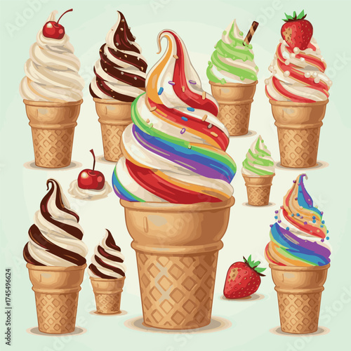 Vector illustration of soft serve ice cream cones in a variety of flavors