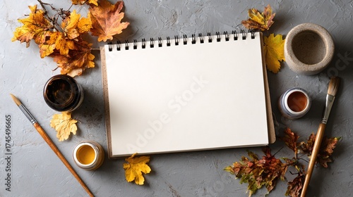 Wallpaper Mural blank sketchbook mockup with autumn leaves paint brushes and art supplies on gray Torontodigital.ca
