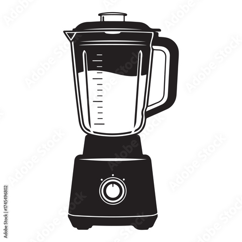 A black blender with a glass jar filled with a white liquid, isolated on a