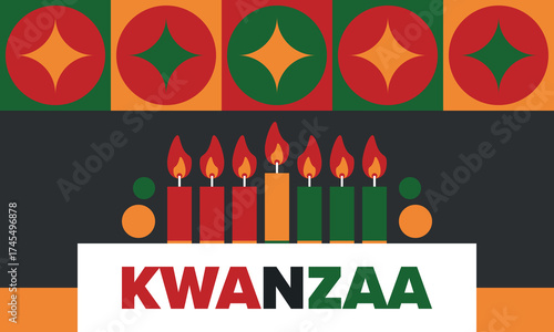 Kwanzaa Happy Celebration. African and African-American culture holiday. Seven days festival, celebrate annual from December 26 to January 1. Black history. Poster, card, banner and background. Vector