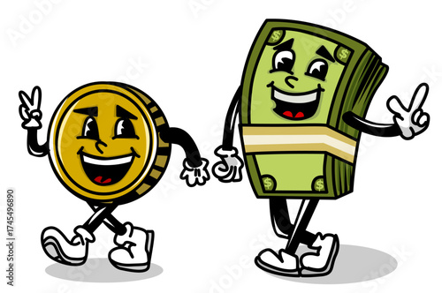 Illustration of some happy banknotes next to a coin