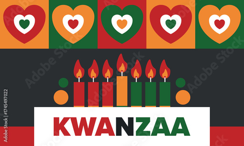 Kwanzaa Happy Celebration. African and African-American culture holiday. Seven days festival, celebrate annual from December 26 to January 1. Black history. Poster, card, banner and background. Vector