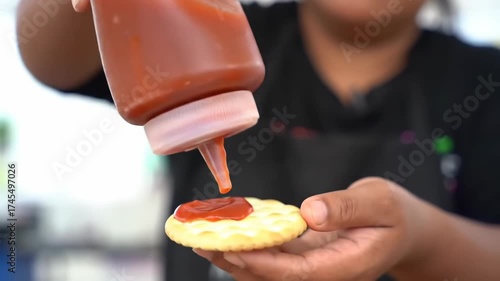 Neat zigzag of pouring ketchup over chicken nuggets in bright studio Video 4K UHD 60fps