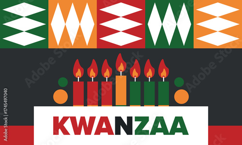 Kwanzaa Happy Celebration. African and African-American culture holiday. Seven days festival, celebrate annual from December 26 to January 1. Black history. Poster, card, banner and background. Vector