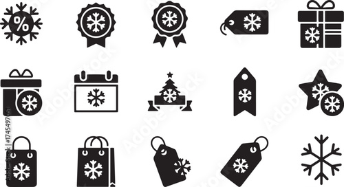 Solid black silhouette icon set for winter holiday promotions, showcasing snowflakes on discount badges, gift boxes, shopping bags, price tags, and calendar symbols for seasonal sales.