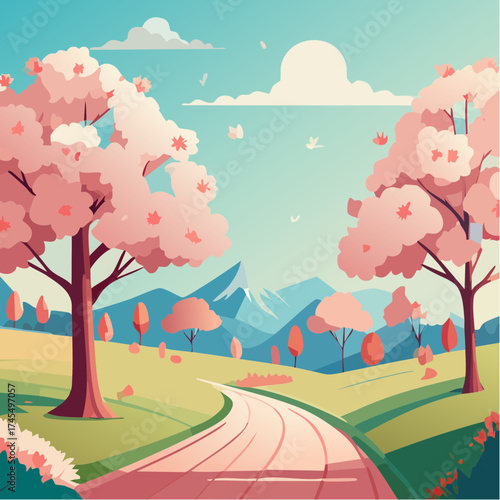 Autumn landscape with winding road and cherry trees