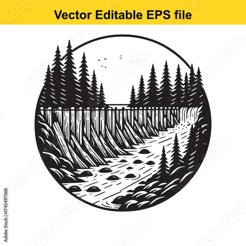 Vector art of circular black and white art of a forest river with logs and trees