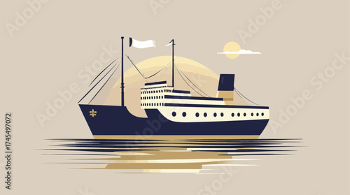 A stylized illustration of a ship sailing on water