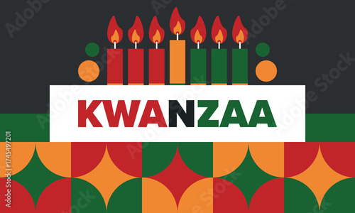 Kwanzaa Happy Celebration. African and African-American culture holiday. Seven days festival, celebrate annual from December 26 to January 1. Black history. Poster, card, banner and background. Vector
