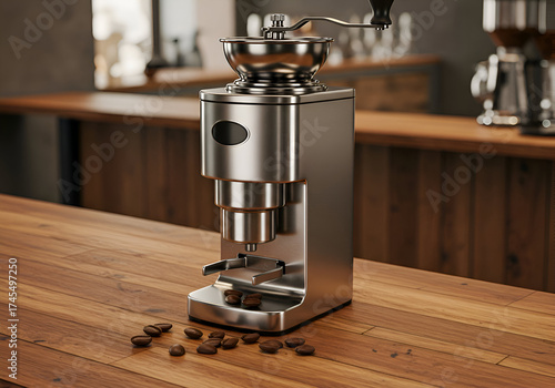 Stainless steel coffee grinder resting on a wooden counter with scattered coffee beans, showcasing modern design and functionality. Professional barista equipment in a modern cafe setting.