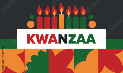 Kwanzaa Happy Celebration. African and African-American culture holiday. Seven days festival, celebrate annual from December 26 to January 1. Black history. Poster, card, banner and background. Vector