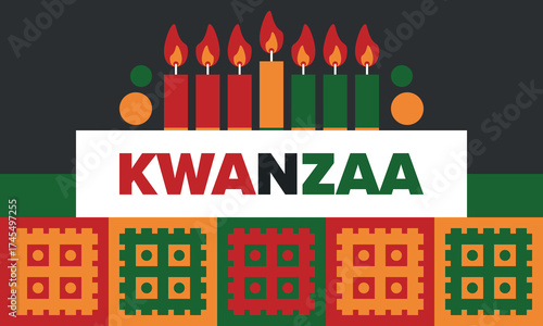 Kwanzaa Happy Celebration. African and African-American culture holiday. Seven days festival, celebrate annual from December 26 to January 1. Black history. Poster, card, banner and background. Vector